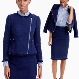 J. Crew Tweed Motorcycle Jacket with Fringe Navy Blue Moto Boucle
